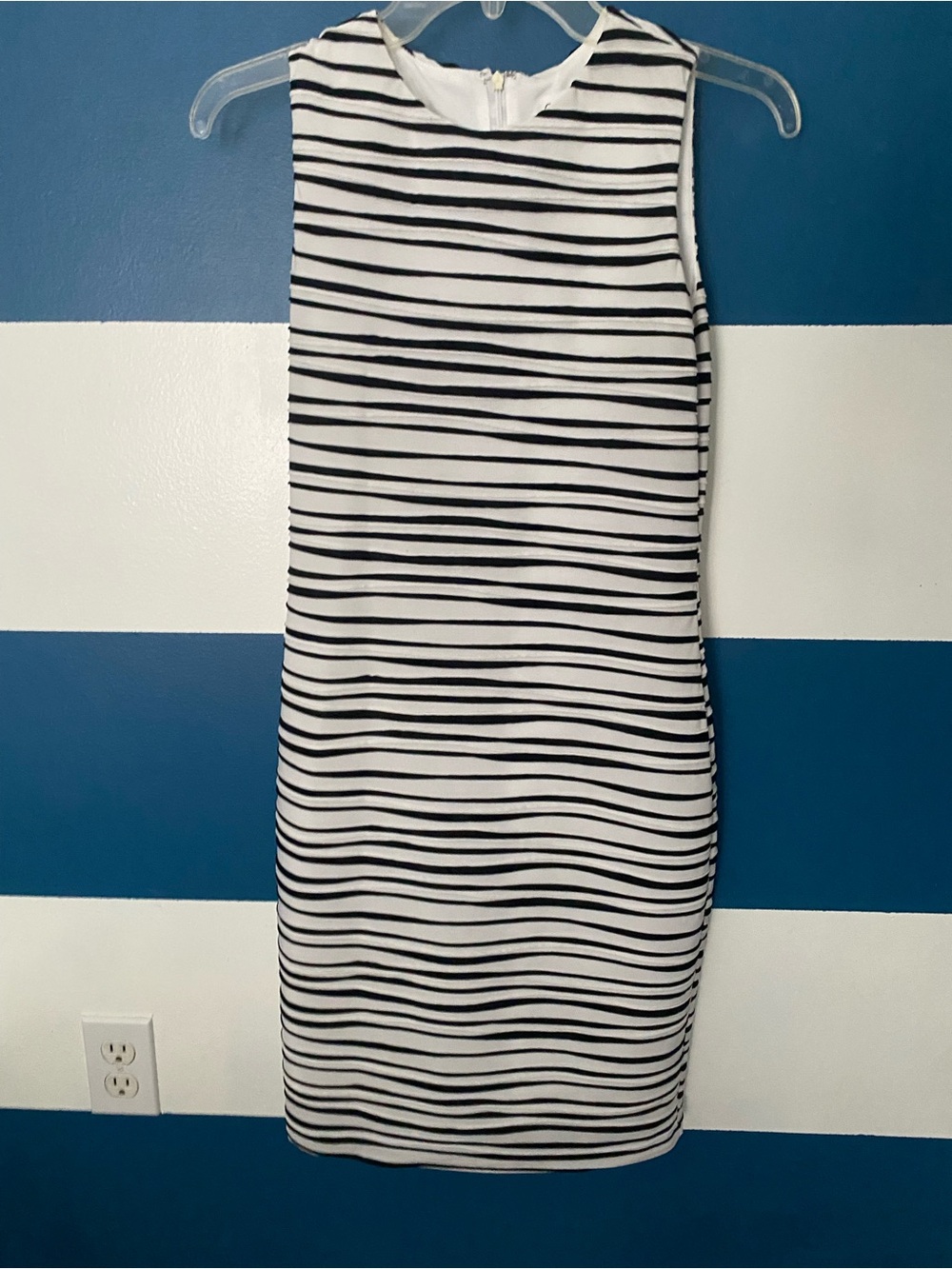 Calvin Klein textured Black and White Striped Sleeveless Shift Dress